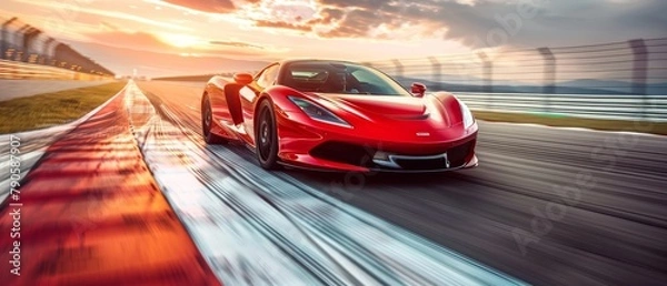 Obraz A sleek sports car speeds on a race track, bright red, captured at a dynamic angle with a blurred background to emphasize its velocity