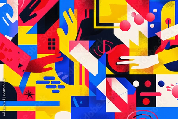 Fototapeta A layered geometric elements in primary colors, symbolizing the fundamental values and principles underpinning the American presidential elections. Include symbolic representations of liberty.