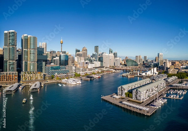 Fototapeta Sydney, Australia: Aerial view of the newly developed Darling Harbor business and entertainment district in Sydney on a sunny day.