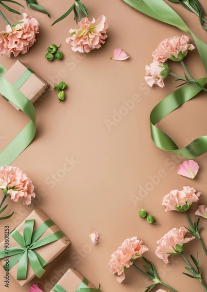 Obraz 카네이션 꽃과 녹색 리본으로 장식된 선물 박스