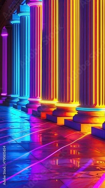 Fototapeta Abstract neon outlines of Greek columns, casting bright colors against shadows to symbolize the enduring legacy of classical architecture