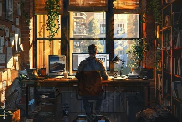 Fototapeta Radiating elegance in his sun-drenched loft, a youthful professional immerses himself in his computer tasks, embodying the epitome of remote work chic.