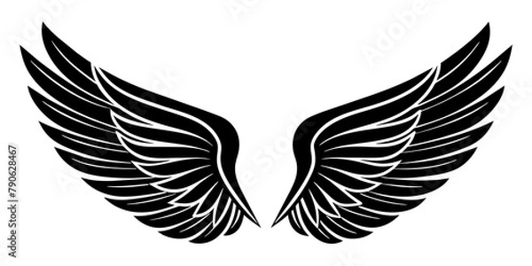 Fototapeta They depict a pair of stylized wings with feathered details, symmetrical and spread out as if ready for flight. The wings are depicted in black and white.AI generated.