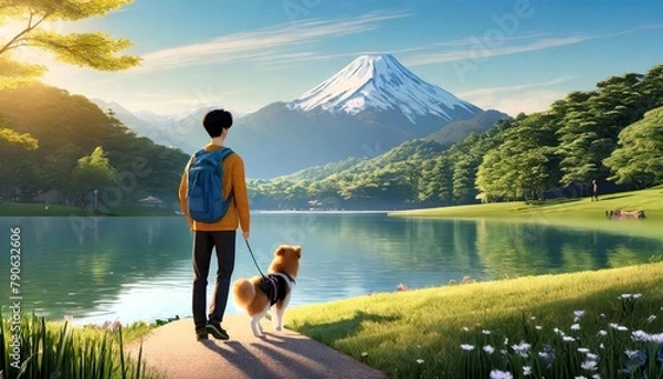 Fototapeta A stunning 3D render of a young man in his 20s, enjoying a peaceful weekend walk next to a serene lake.