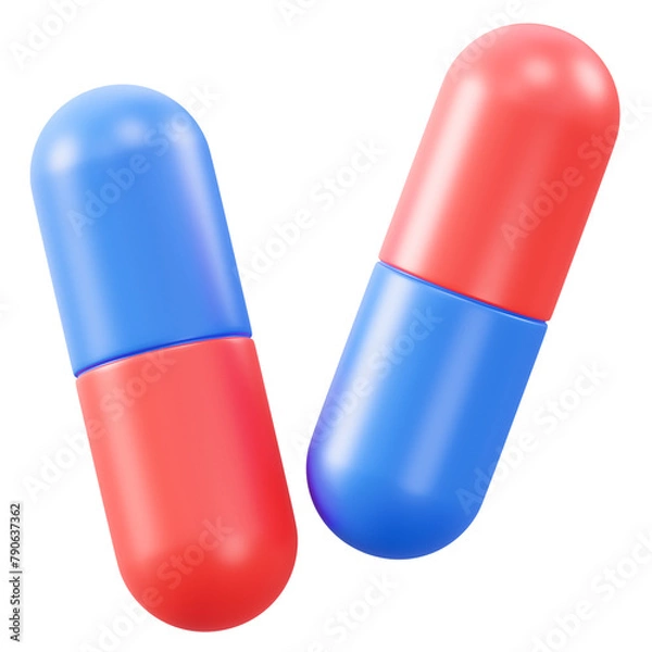 Fototapeta 3D rendering of red and blue capsule pills on white