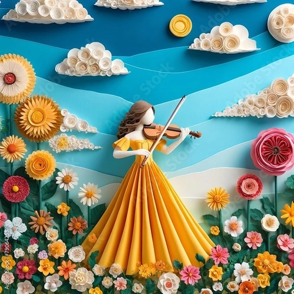 Obraz 花畑でバイオリンを奏でる女性