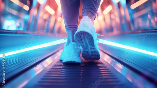 Fototapeta Women's legs in sneakers on treadmill exercise machine on blue with purple background. Concept of diet, weight loss, fat burning.