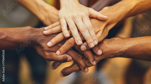 Fototapeta Hands, huddle and diversity with trust, helping others and solidarity with community teamwork. People, support and success with partnership, goal and motivation for collaboration with perseverance