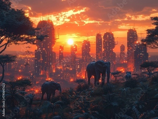 Fototapeta A futuristic African savannah, where wildlife and robots coexist, monitored by drones under a technicolor sky 