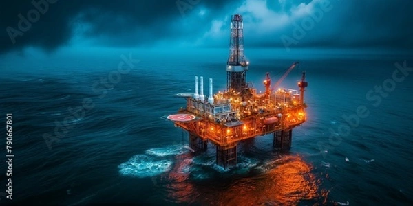 Obraz Industry of Offshore Jack Up Oil Rig at gulf in The Middle of The Sea at Sunset Time. arial view of oil rig platform