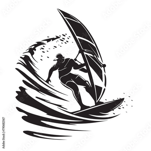 Obraz Wind surfing in cartoon, doodle style . Image for t-shirt, web, mobile apps and ui. Isolated 2d vector illustration in logo, icon, sketch style, Eps 10, black and white. AI Generative