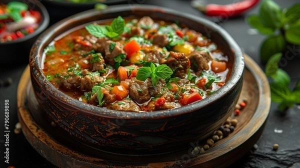 Fototapeta Elevate your dining experience with a visual feast of Harissa paprika chili cream and tomato paste in a luxurious African restaurant setting-2