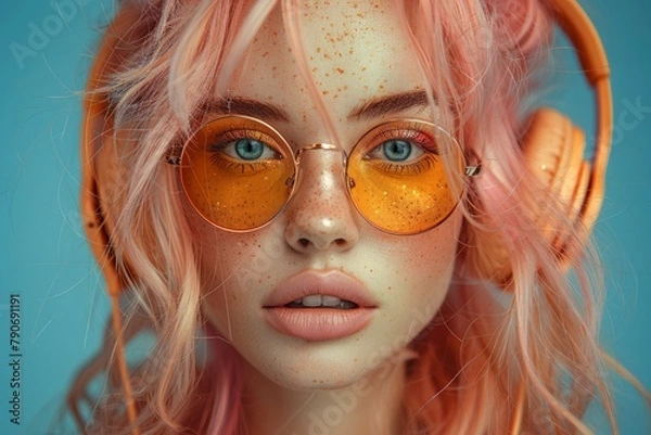 Obraz Beautiful girl with pink hair, wearing headphones and sunglasses, freckles on her face, looking at the camera, portrait photography