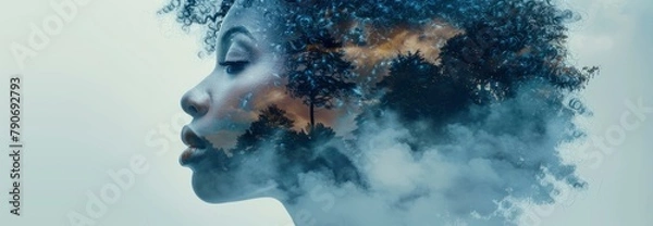 Fototapeta Double exposure of african american woman and island, smoke in the shape an head with hair made from jungle trees and sky with clouds, double exposure photography, digital art style