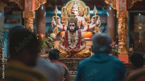 Fototapeta A photo of a meditation practice where devotees sit before an image of Hanuman, seeking the strength and awareness he symbolizes