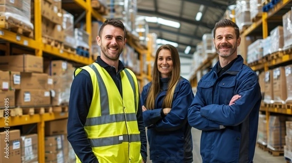 Fototapeta Three warehouse workers in safety vests and uniforms standing confidently in a well-organized industrial storage area.