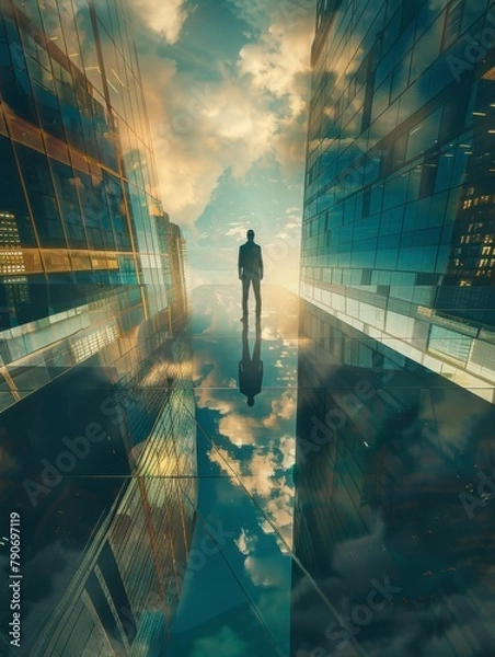 Fototapeta A businessman stands atop a glass building, surrounded by magnificent reflections, with the sun setting against the city skyline.