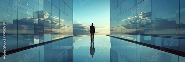 Fototapeta A businessman stands atop a glass building, surrounded by magnificent reflections, with the sun setting against the city skyline.