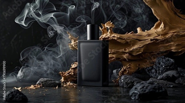 Fototapeta Minimalist matte black perfume bottle. A square bottle in the dark with golden bark behind it. Smoke surrounds the black background,take product photos and advertisements