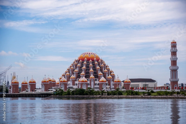 Fototapeta The 99 Domes Mosque, a beautiful Mosque with unique architecture, located in famous destination, Losari Beach, Makassar, South Sulawesi, Indonesia. A new Landmark of Makassar City.