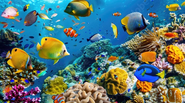 Fototapeta A large group of vibrant fish swims together over a coral reef in the ocean, showcasing a beautiful underwater ecosystem