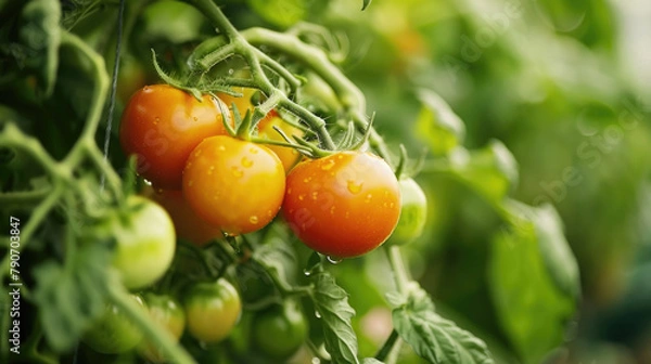 Fototapeta Lush tomatoes grow on a vine inside a greenhouse, thriving in the controlled environment. Sunlight filters through, aiding in the growth process