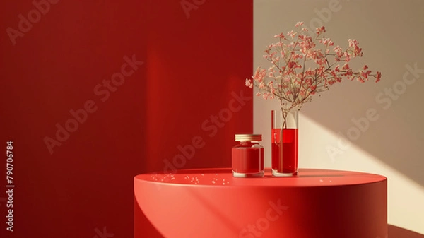 Fototapeta Image of red products on a red table There is a red and white background