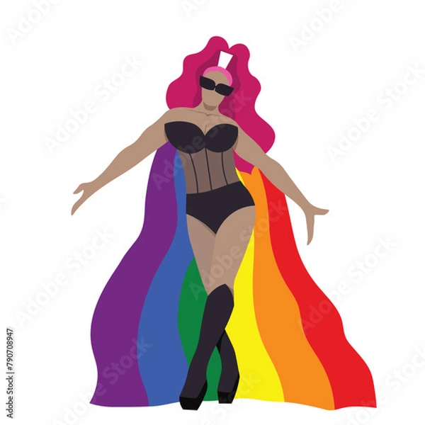 Obraz A confident transgender drag queen in black modern outfit and rainbow cape for LGBTQ+ concept and for equality and diversity supporting. Vector illustration flat charactor on white background