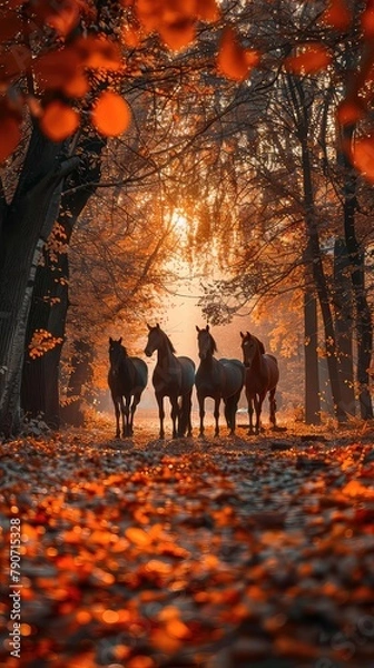 Obraz Horses walking through a fall forest
