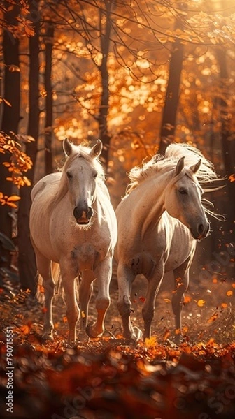 Obraz Two white horses running through a fall forest.