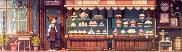 Fototapeta A girl as a pixel art baker in a charming bakery, cupcakes and pastries displayed in the window