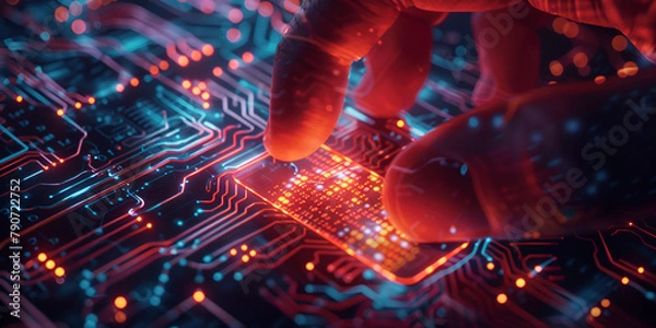 Fototapeta Technology develops electronic devices on microchips or microprocessors on motherboards or circuit boards Artificial intelligence with blur background