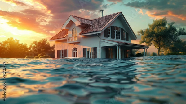 Fototapeta A picture of a house affected by flooding For use in advertising home insurance