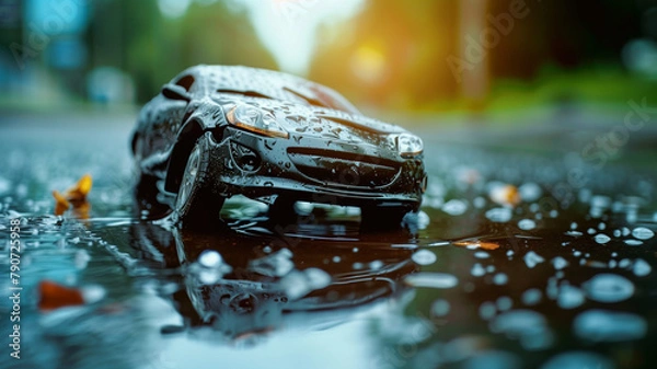 Fototapeta An image of a car affected by flooding on the road illustrates insurance advertisements