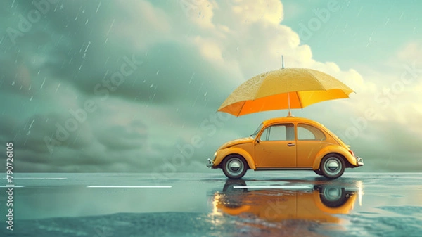 Fototapeta Image of a car model with an umbrella on a rain-soaked road. For advertising the insurance business 3