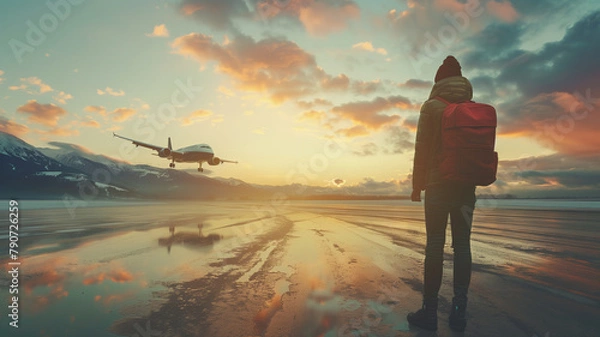 Fototapeta Image of a young man standing and looking at an airplane on the runway