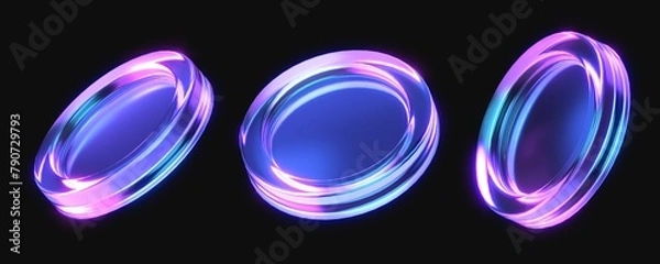 Obraz set of glass coins with glowing gradient color. transparent colorful 3d cylinders. 3d rendering illustration of coins. futuristic crystal 3d coins isolated on dark background	