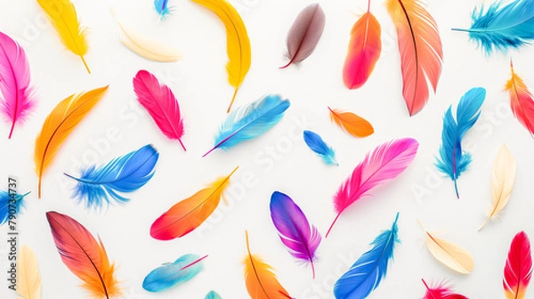 Fototapeta Colorful feathers scattered on a neutral white background. 