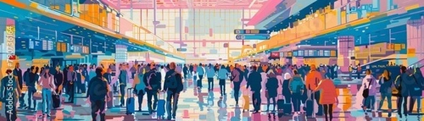 Fototapeta A vibrant gouache artwork of a bustling airport terminal with travelers from all walks of life beginning their next adventure