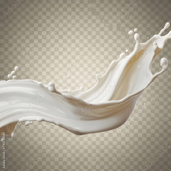 Fototapeta Creamy milk splash with tiny bubbles on transparent PNG background. Flowing liquid forms a white swirl, like a refreshing drink. Captures purity and refreshment.