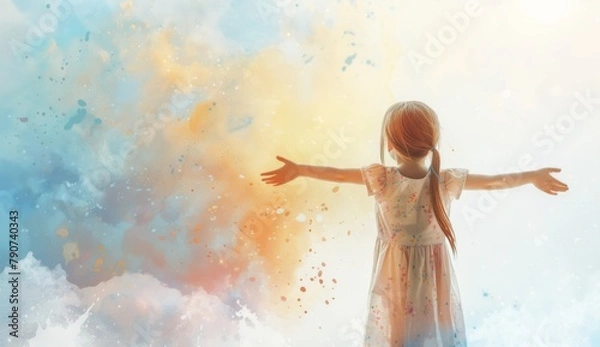 Fototapeta A little girl stands with her arms outstretched, facing the sky in front of watercolor splashes. The background is white and there is an ethereal mist around it. She has long brown hair tied back