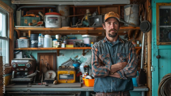 Fototapeta A rugged man with a beard stands confidently in his cluttered workshop filled with various tools and equipment.