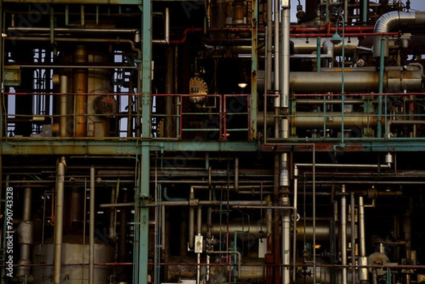 Fototapeta 大小のパイプが精密に配置された化学プラント
