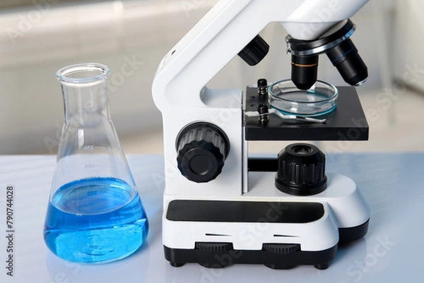 Fototapeta Laboratory analysis. Flask with blue liquid, petri dish and microscope on white table indoors