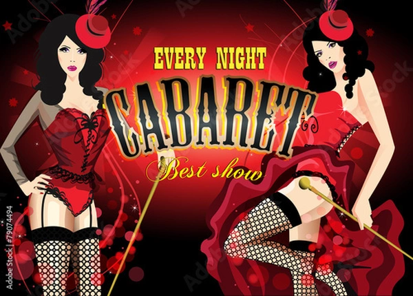 Obraz Two Cabaret dancer in a red corset. Retro vector poster