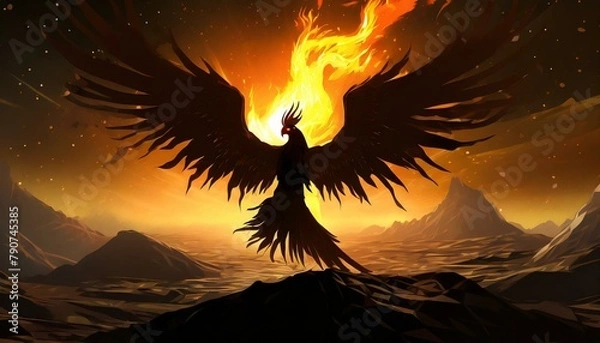 Obraz  dark phoenix, of living flames, in a vast icy desert. Silhouette emphasized by intense lighting and juxtaposition of shadows
