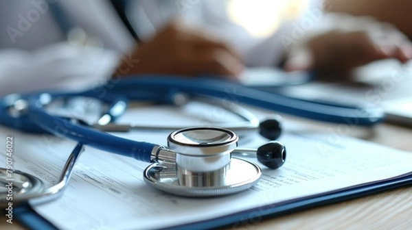 Fototapeta Close-up of stethoscope and paper on background of doctor and patient hands