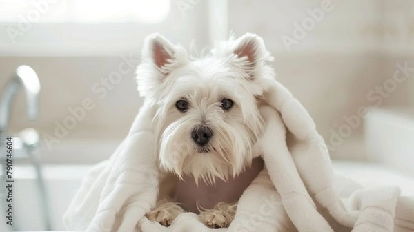 Obraz Cute West Highland White Terrier dog after bath. Dog wrapped in towel. Pet grooming concept. Copy Space. Place for text. High quality photo
