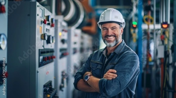 Fototapeta Portrait, happy man and engineering technician in control room, inspection service or industry maintenance. Electrician, arms crossed and smile in electrical substation, system or industrial mechanic