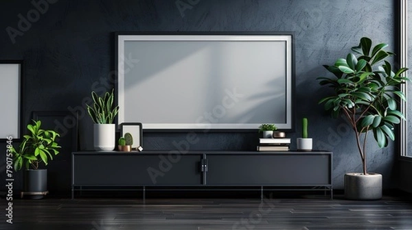 Fototapeta A living room cabinet mockup featuring a dark, blank wall as the backdrop